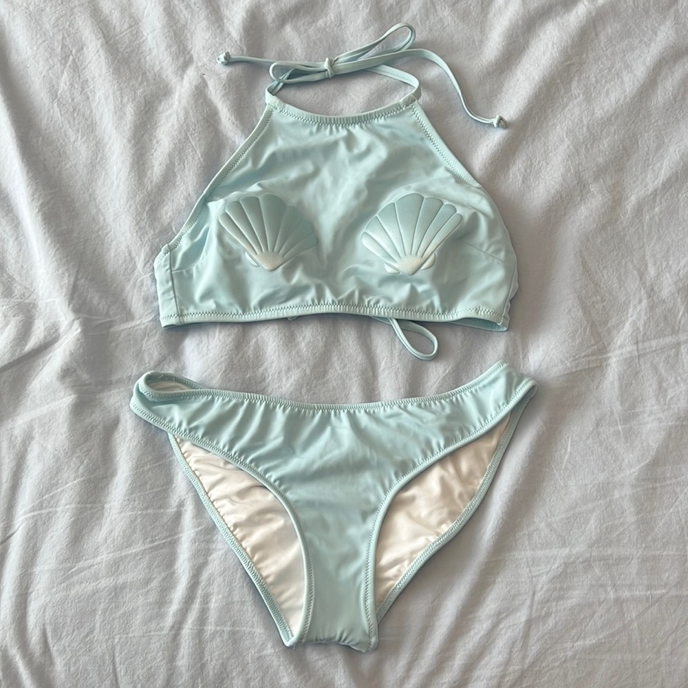 PINK Victoria's Secret Light Blue Shell High Neck Bikini